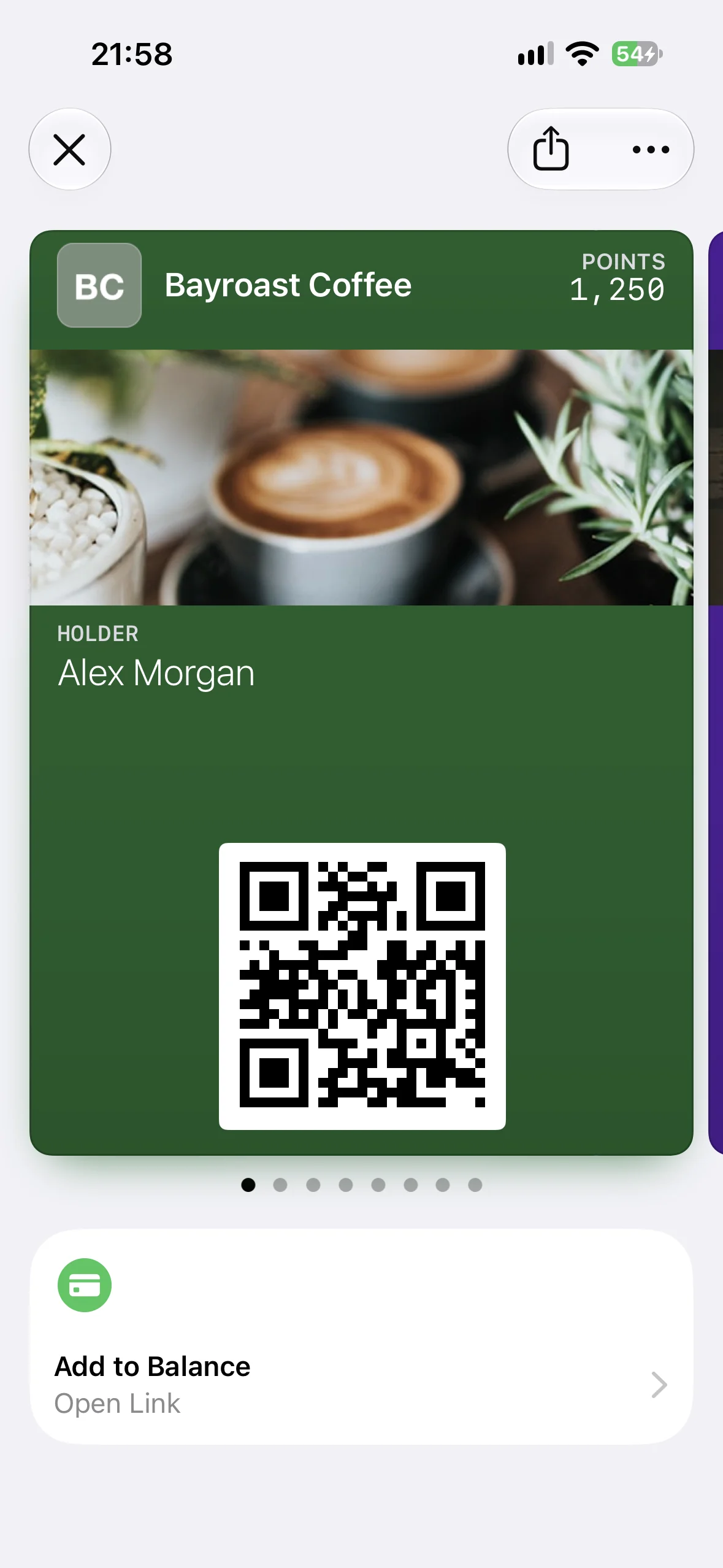 A Bayroast Coffee loyalty pass in Apple Wallet with the Add to Balance Featured Action beneath it