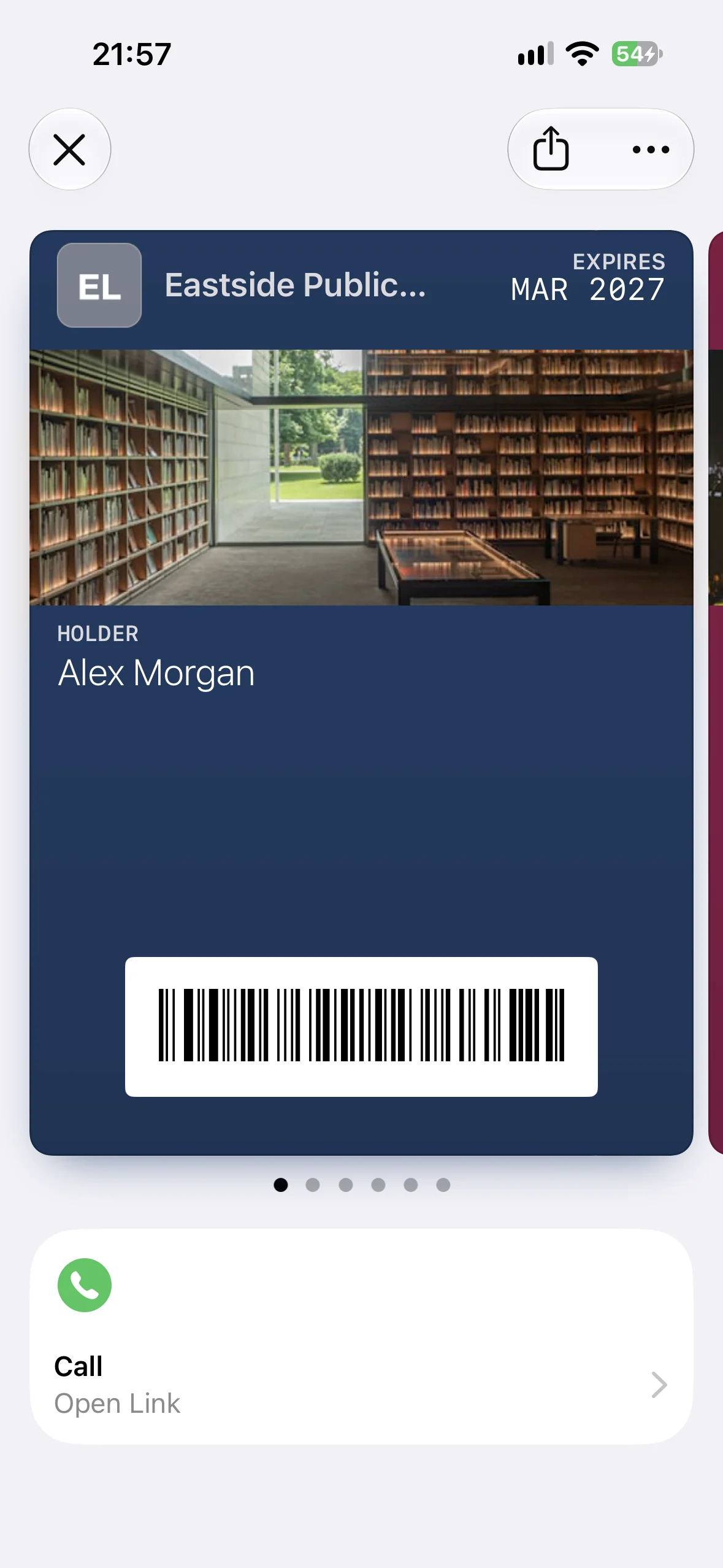 An Eastside Public Library pass in Apple Wallet with the Call Featured Action beneath it