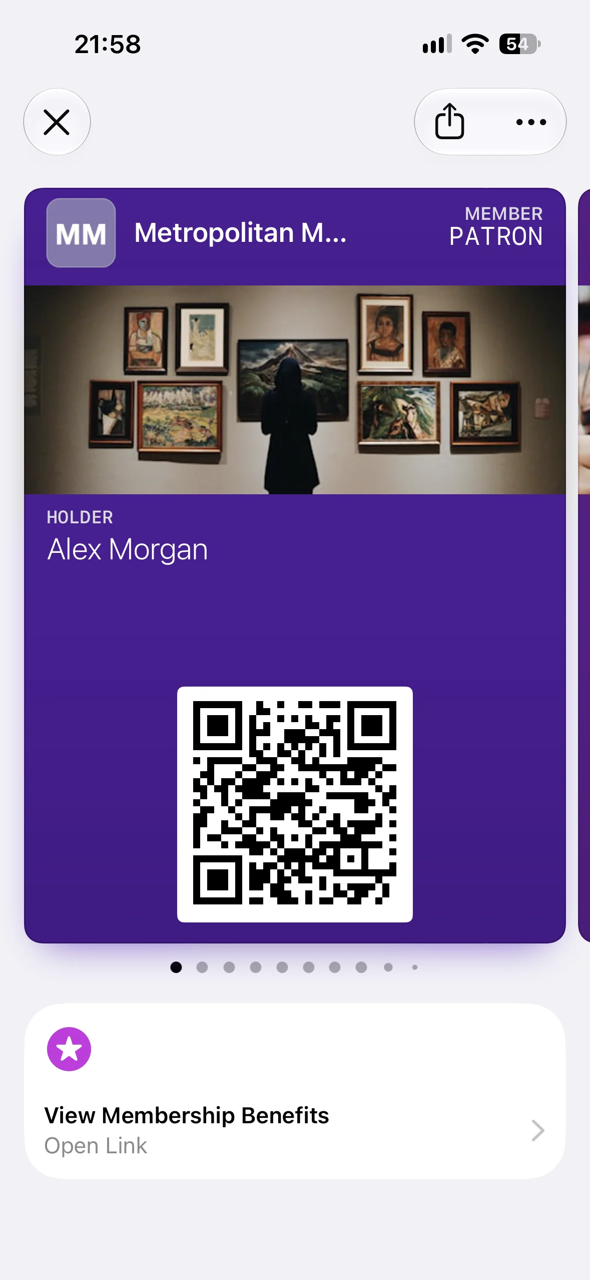 A Metropolitan Museum membership pass in Apple Wallet with the View Membership Benefits Featured Action beneath it