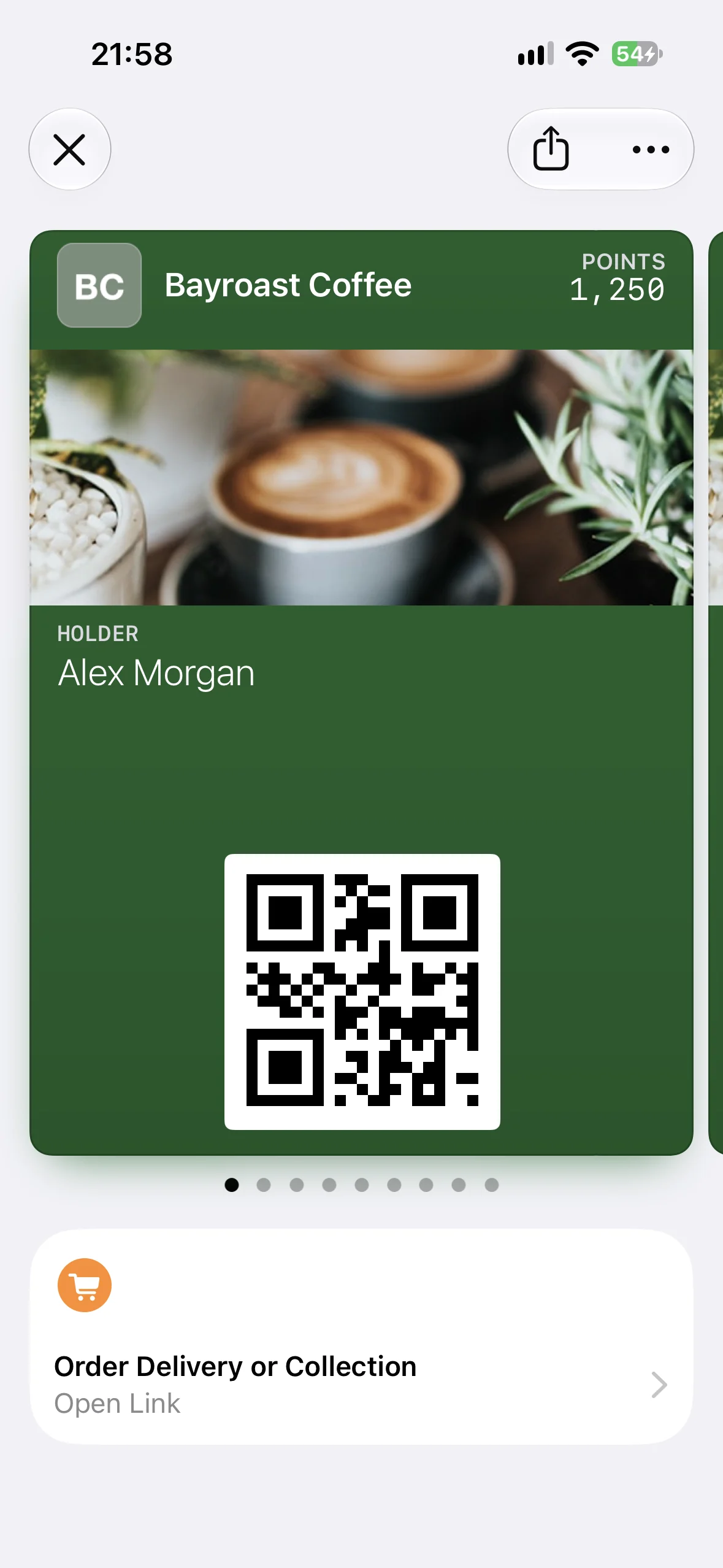 A Bayroast Coffee loyalty pass in Apple Wallet with the Order Delivery or Collection Featured Action beneath it