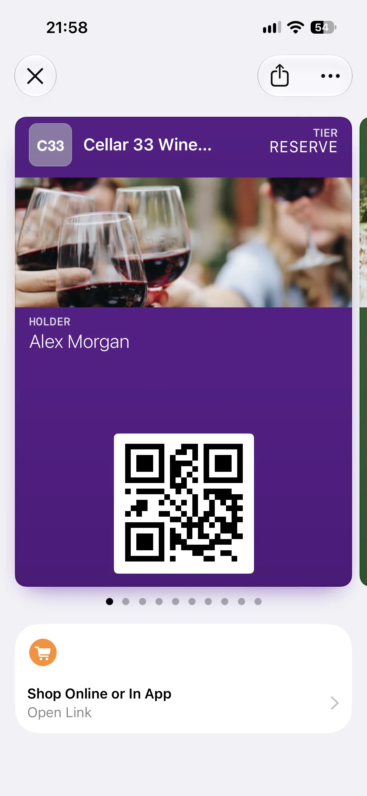 A Cellar 33 Wine Club pass in Apple Wallet with the Shop Online or In App Featured Action beneath it