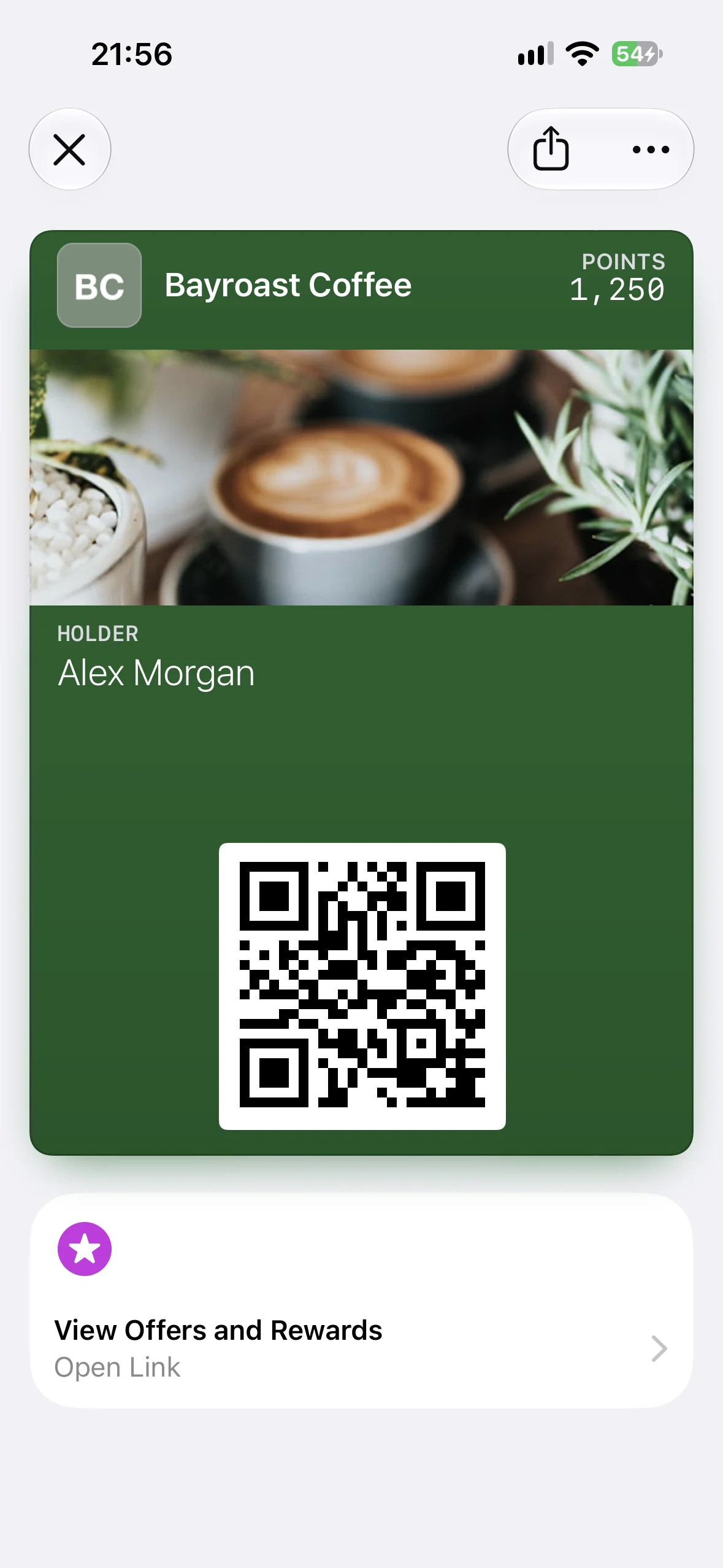A Bayroast Coffee loyalty pass in Apple Wallet with the View Offers and Rewards Featured Action beneath it