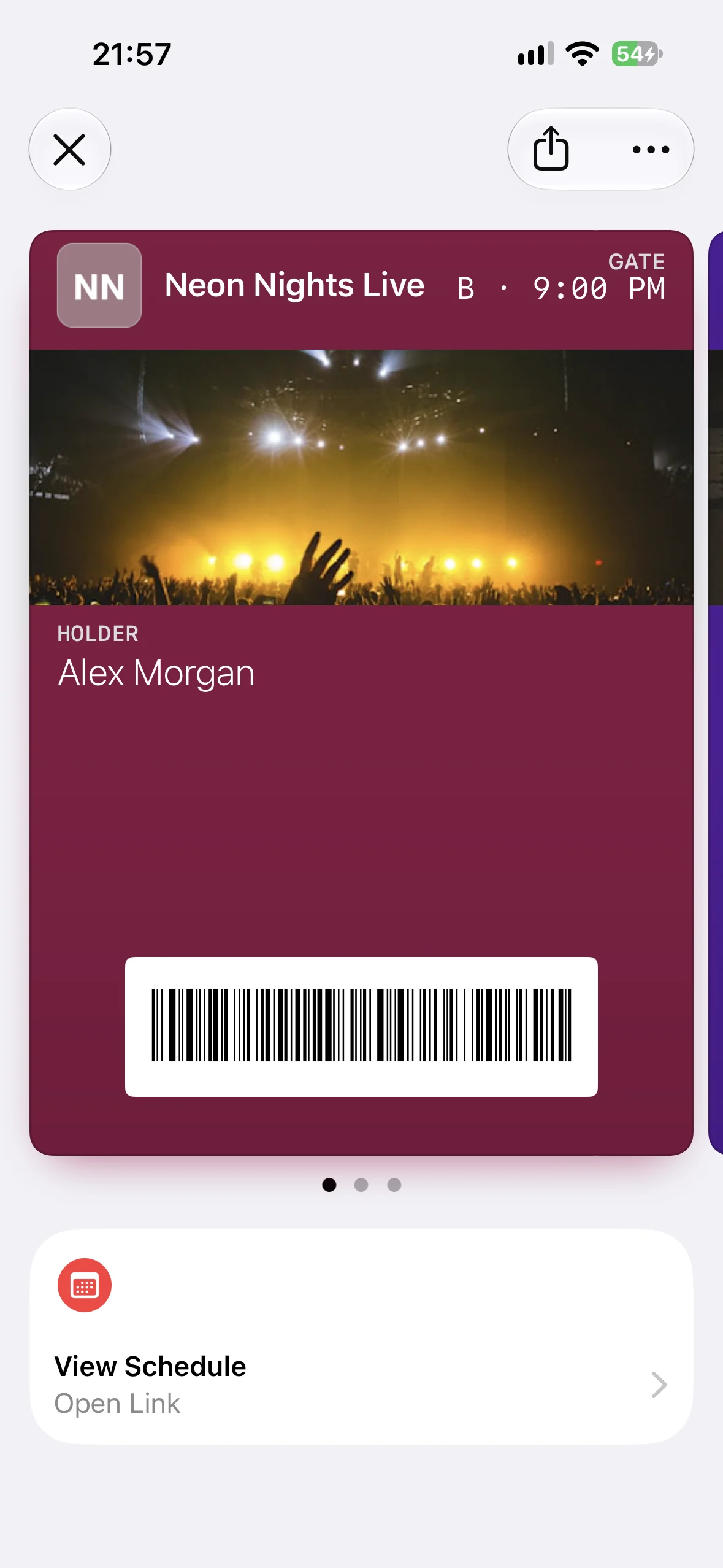 A Neon Nights Live event pass in Apple Wallet with the View Schedule Featured Action beneath it