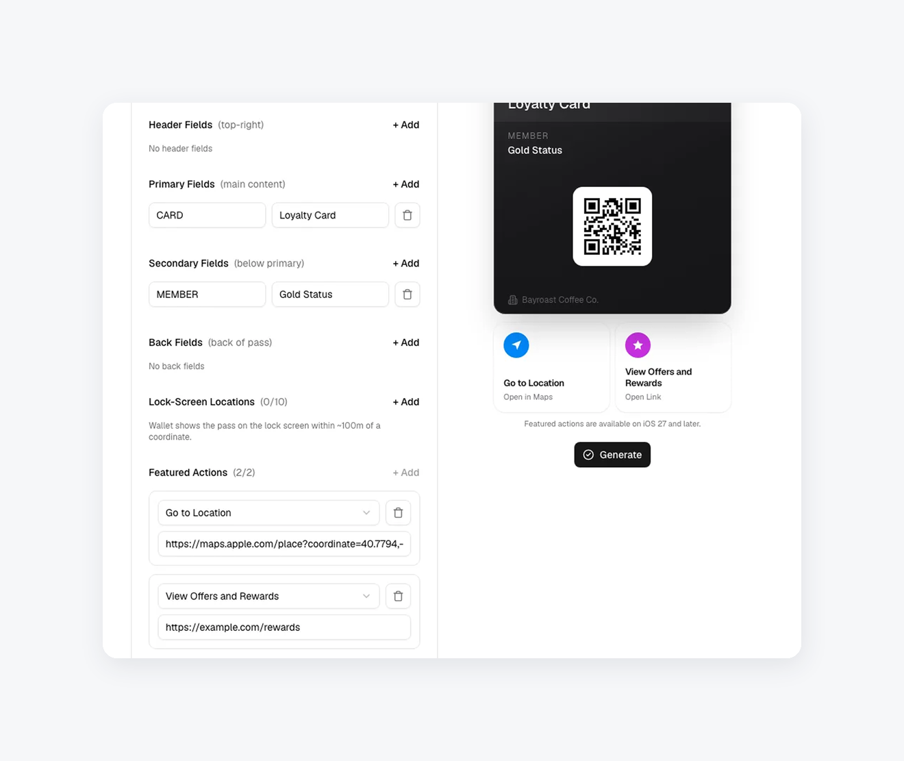 The WalletWallet Pass Editor with Go to Location and View Offers and Rewards configured and previewed beneath an Apple Wallet pass