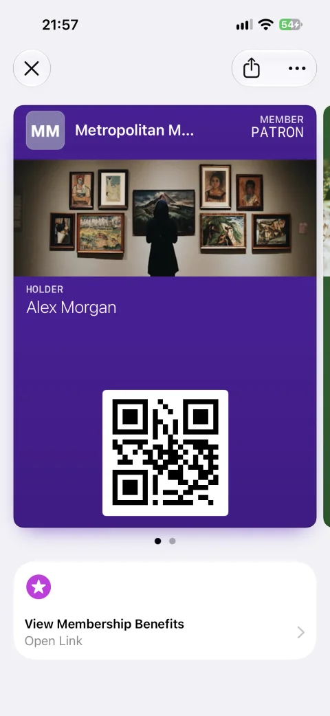 A Metropolitan Museum membership pass in Apple Wallet with the View Membership Benefits Featured Action beneath it