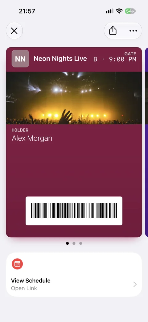 A Neon Nights Live event pass in Apple Wallet with the View Schedule Featured Action beneath it