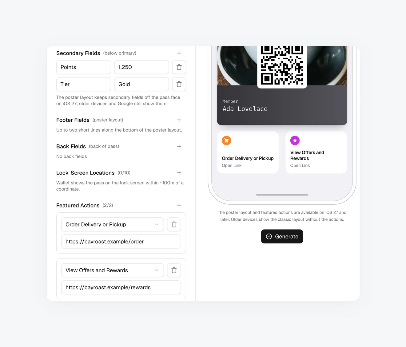 The WalletWallet Pass Editor with Order Delivery or Pickup and View Offers and Rewards configured and previewed beneath a Bayroast Coffee poster pass