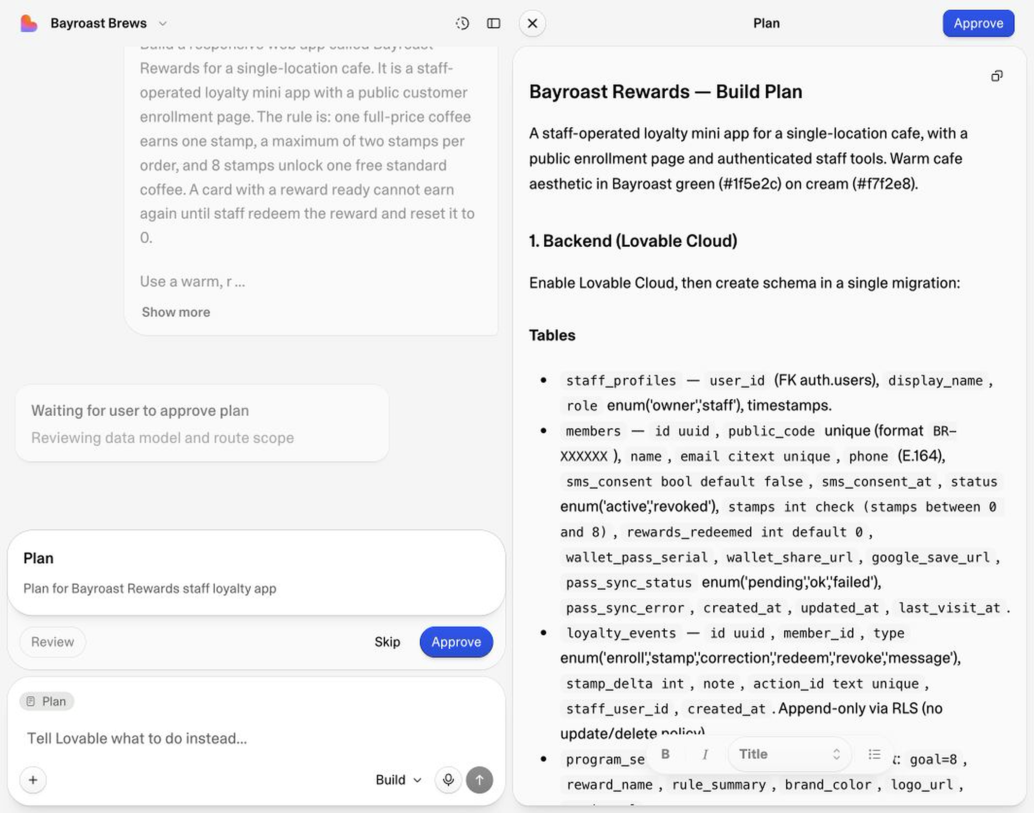 Lovable showing the Bayroast Rewards build plan before approval