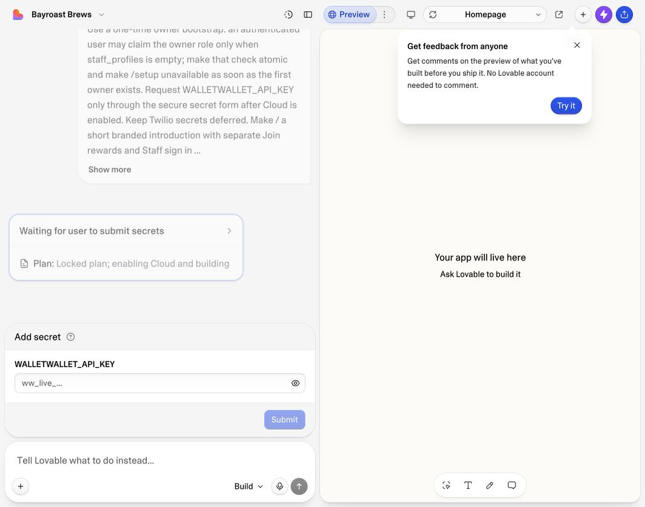Lovable requesting the WalletWallet API key through a masked secure secret form