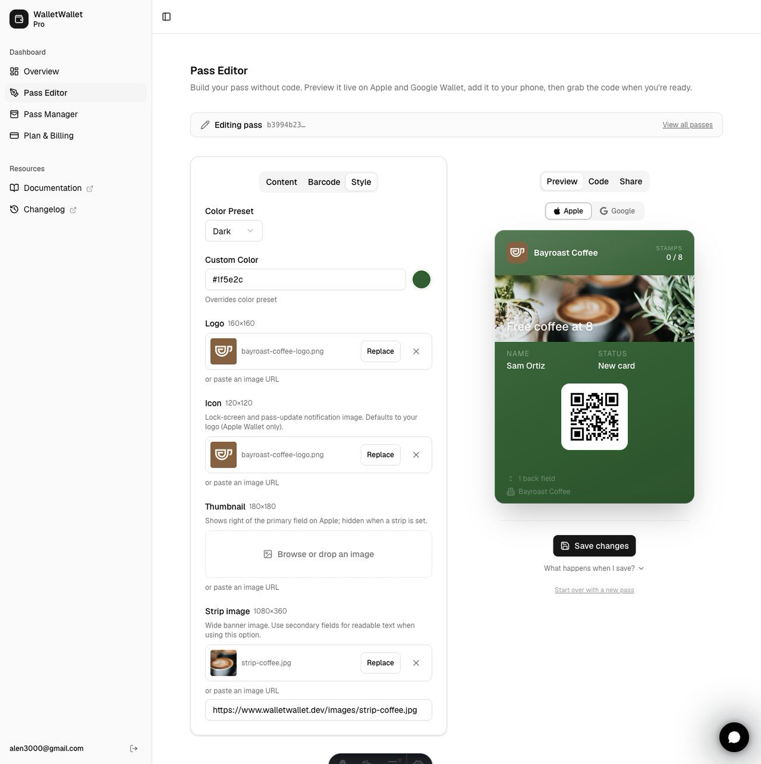 WalletWallet Pass Designer showing the green Bayroast loyalty pass in the Apple Wallet preview