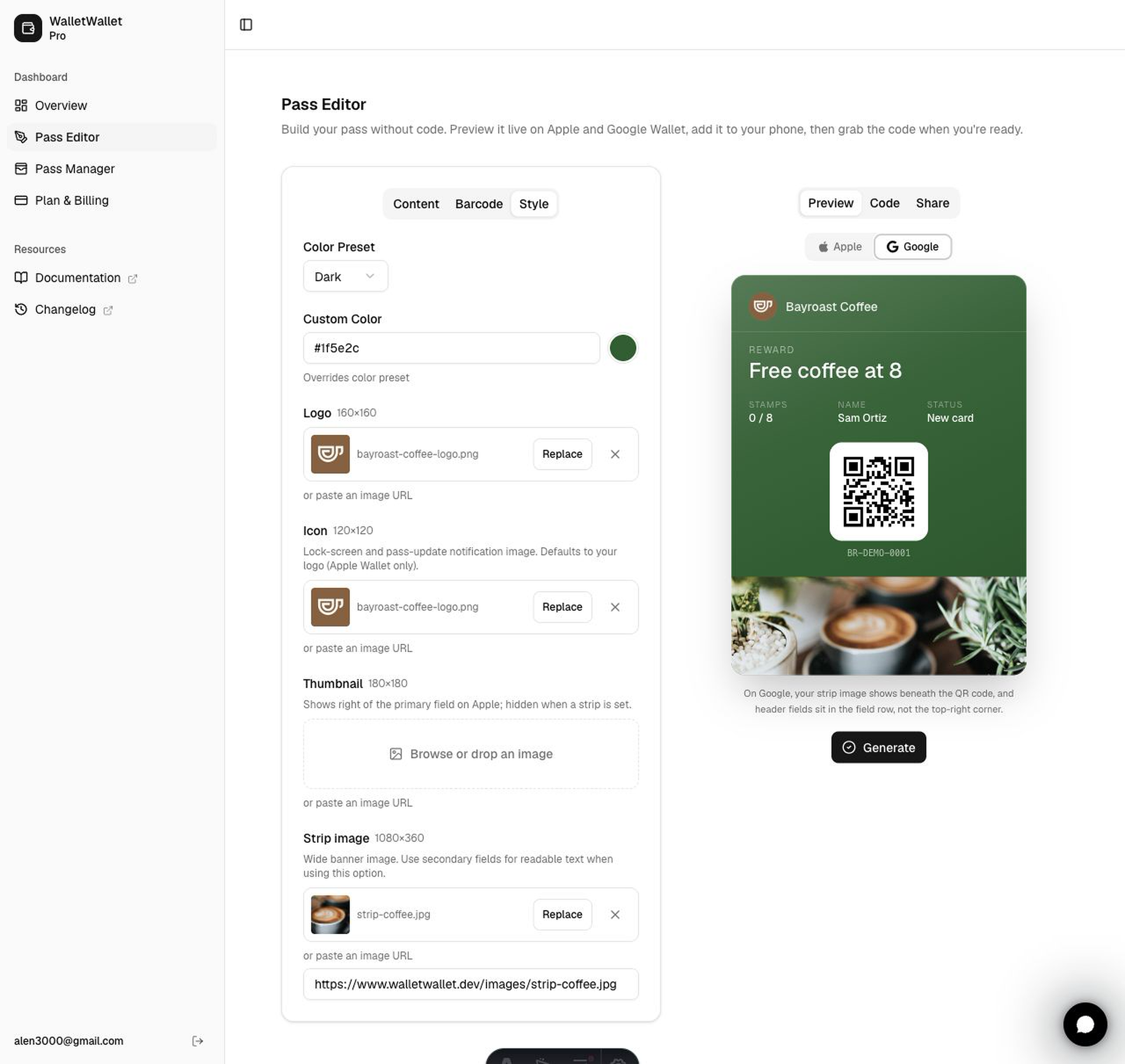 WalletWallet Pass Designer showing the same Bayroast loyalty pass in the Google Wallet preview