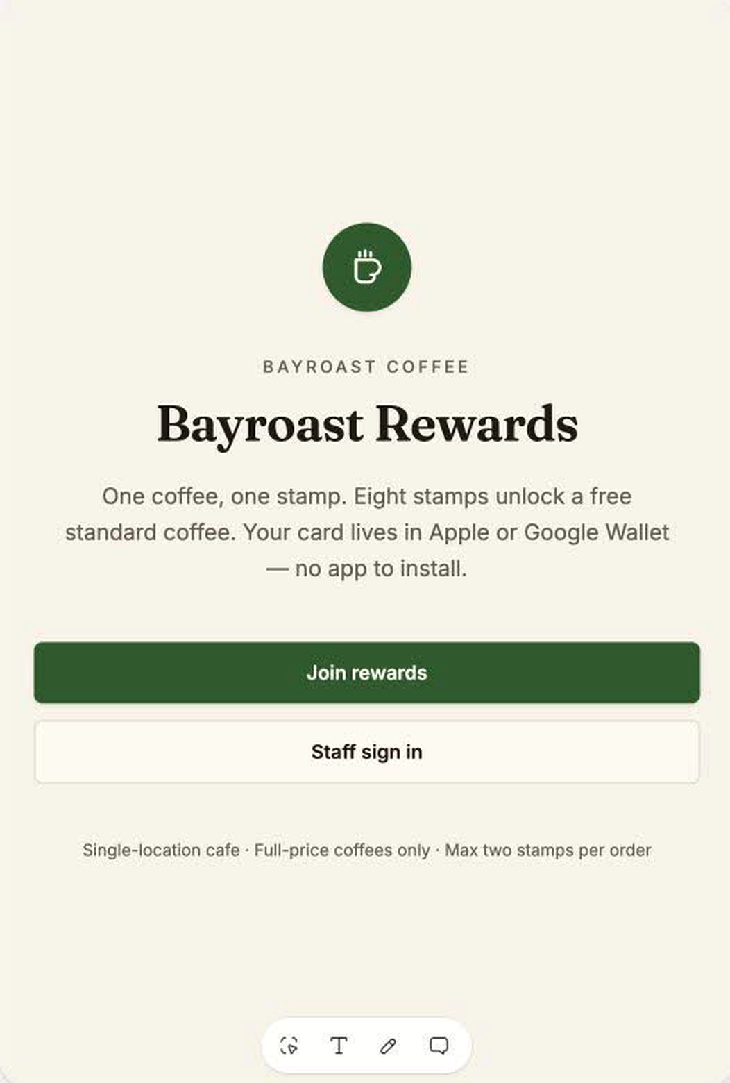 The generated Bayroast Rewards landing page with Join rewards and Staff sign in actions