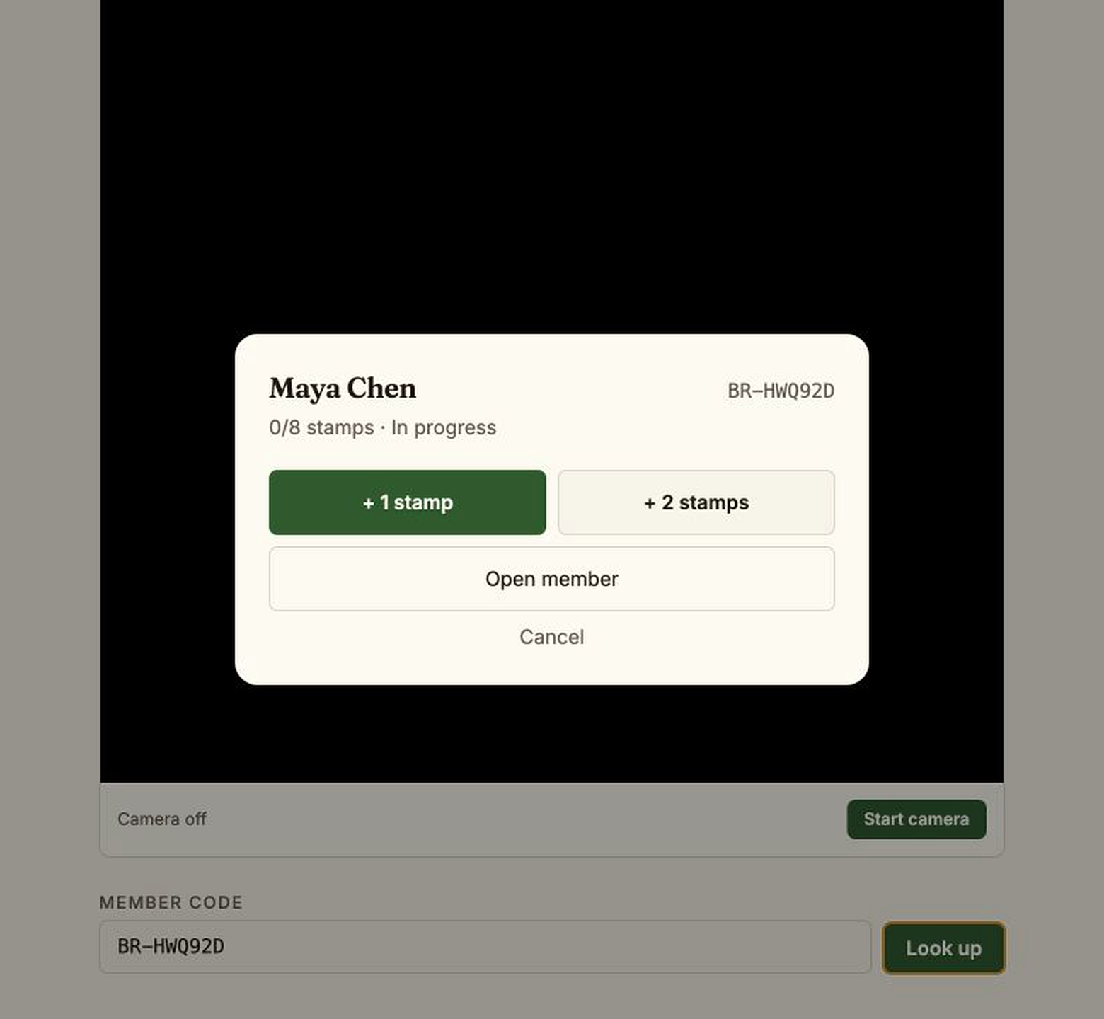 Bayroast Rewards asking staff to confirm one or two stamps for a customer found by member code