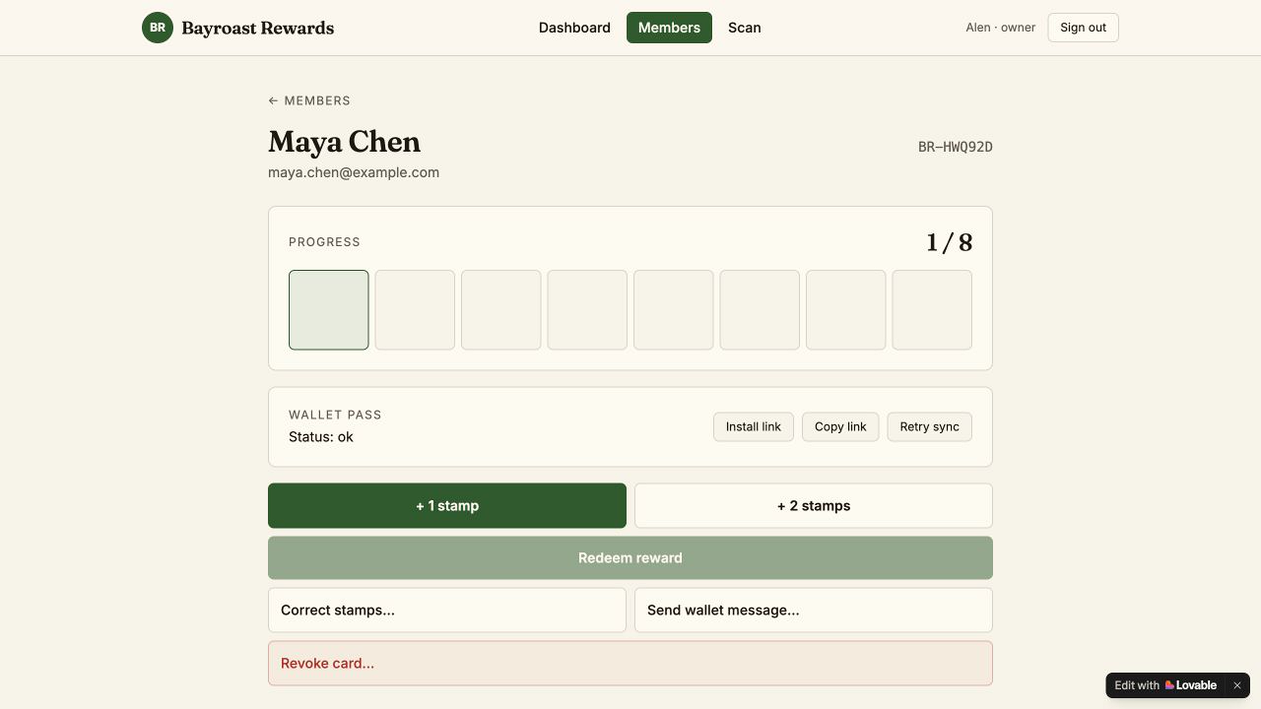 A Bayroast Rewards member page showing one of eight stamps, a healthy wallet pass, and staff actions
