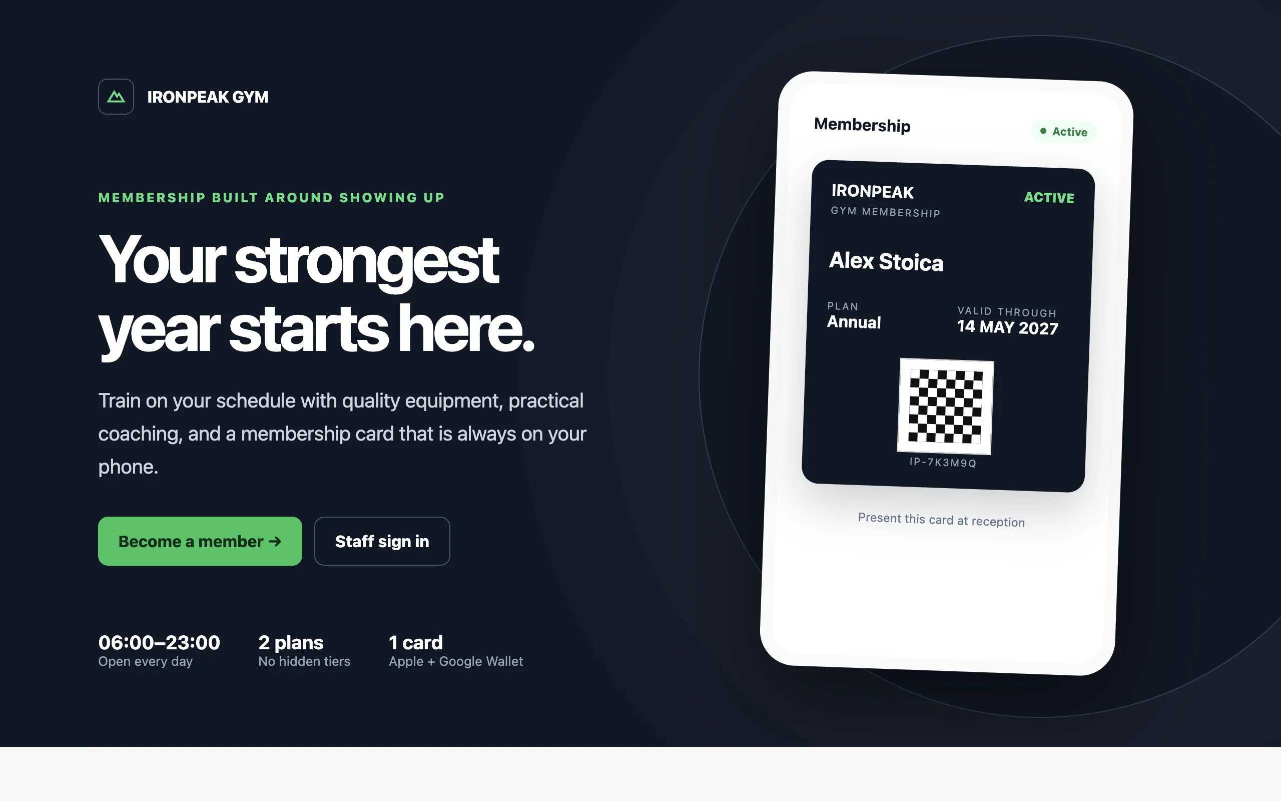 The generated Ironpeak Gym landing page with membership call to action and a digital membership card preview