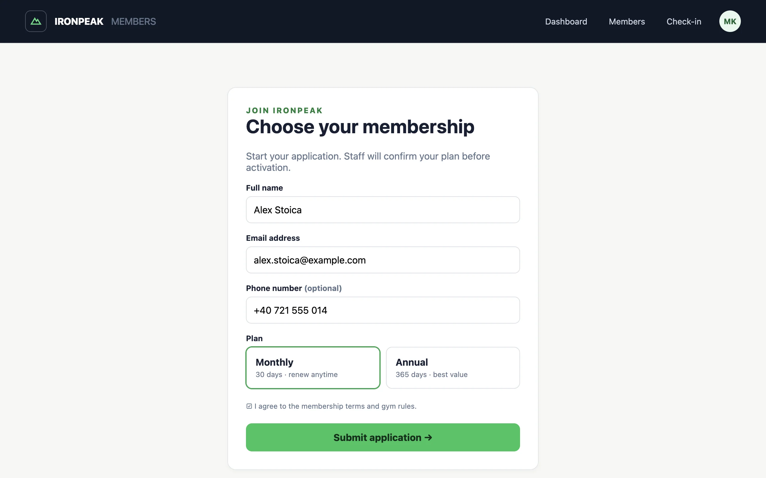 The Ironpeak membership enrollment page with contact fields, monthly and annual plan choices, and required terms