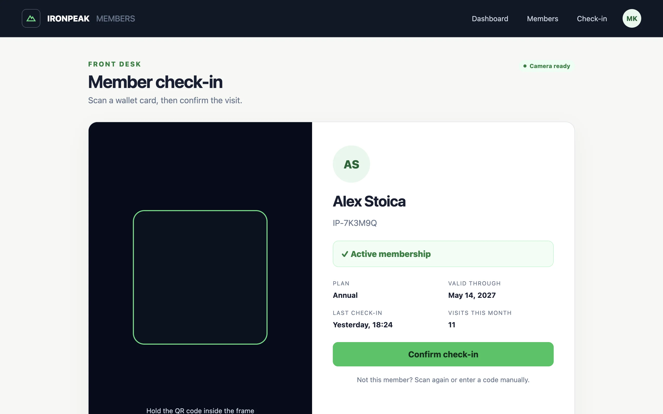 The Ironpeak check-in screen showing an active member, plan, expiry date, recent visit, and a confirm check-in action beside the QR scanner