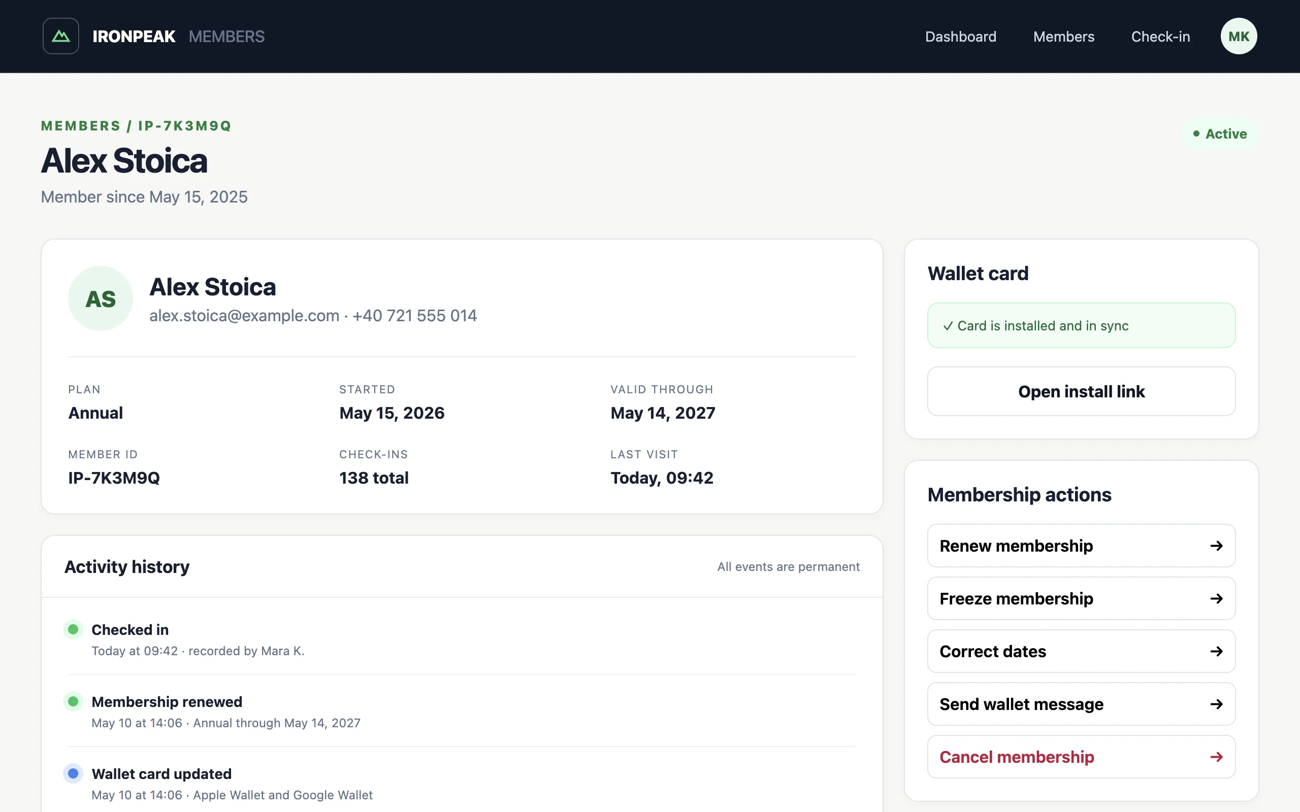 The Ironpeak member record showing an active annual membership, wallet sync status, membership actions, and a chronological activity history