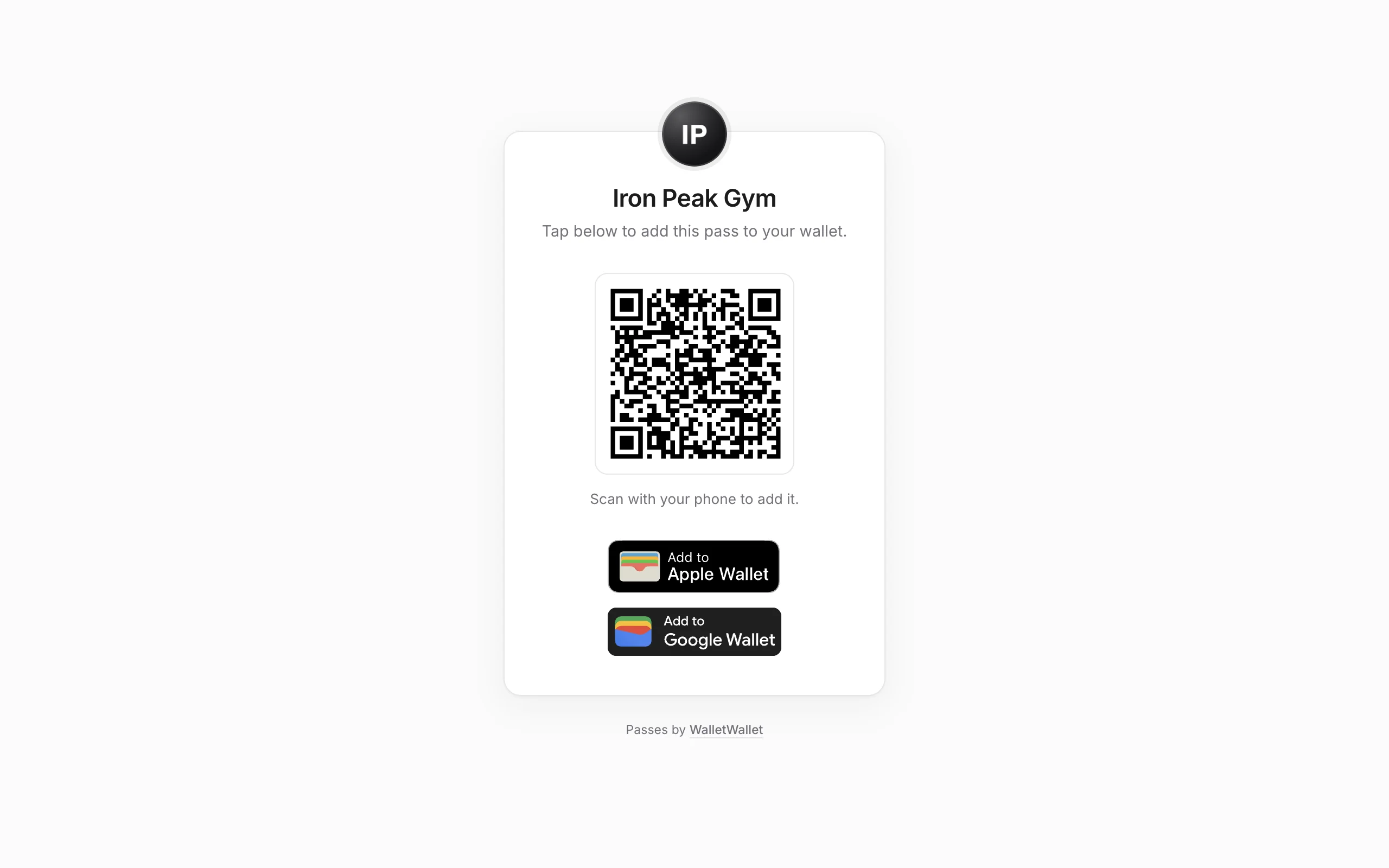The real hosted WalletWallet share page for an Iron Peak Gym pass, with a desktop QR code and Add to Apple Wallet and Add to Google Wallet buttons