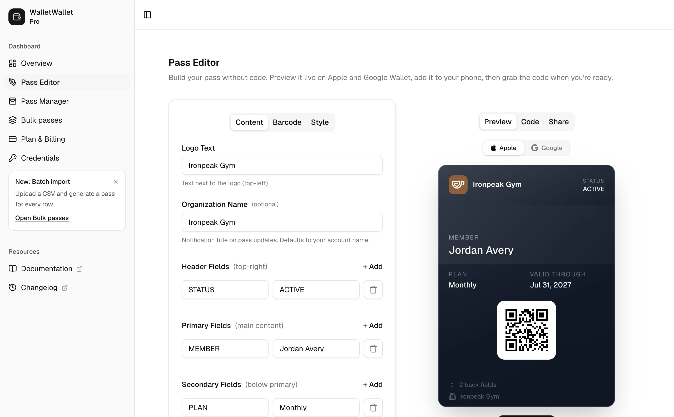 The WalletWallet Pass Designer with the Ironpeak Gym card configured and a live Apple Wallet preview showing member, plan, validity, and a QR barcode