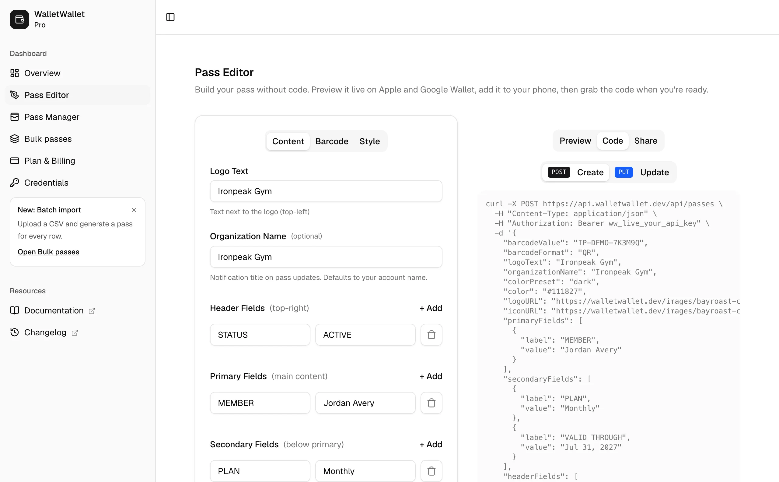 The Pass Designer Code tab showing the Ironpeak card as a ready-to-run curl POST request to the WalletWallet passes API