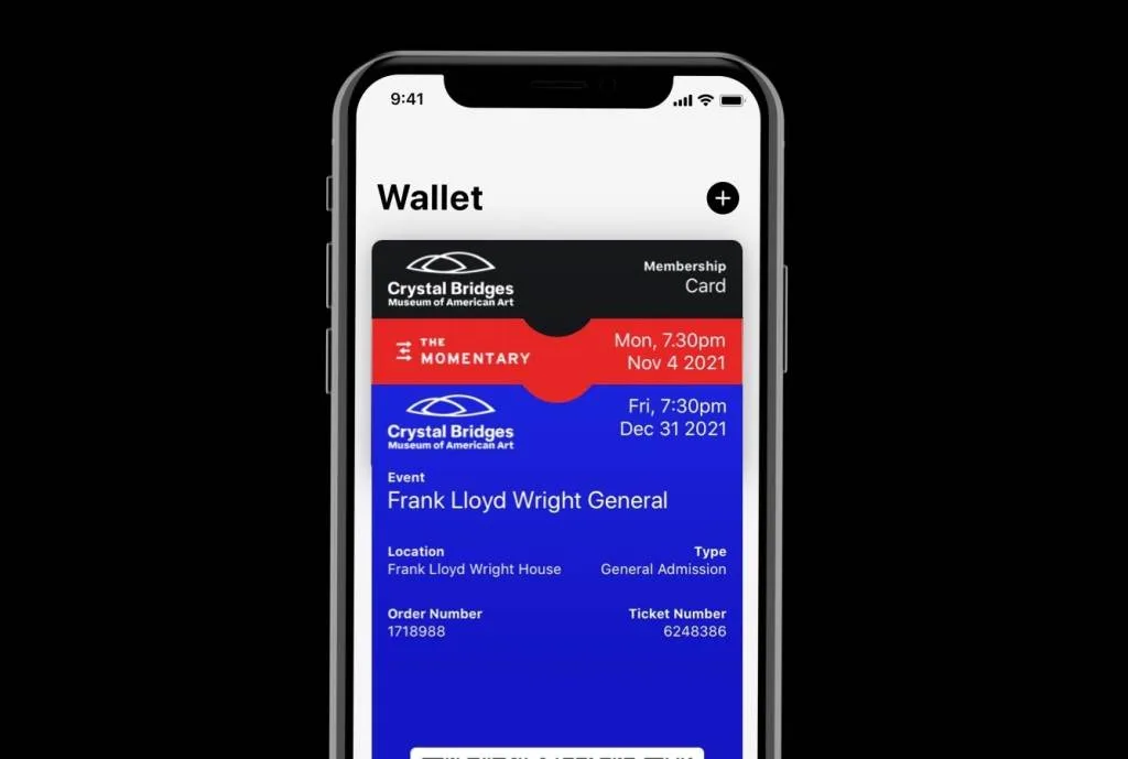 Apple Wallet containing Crystal Bridges membership and event passes and a Momentary event pass