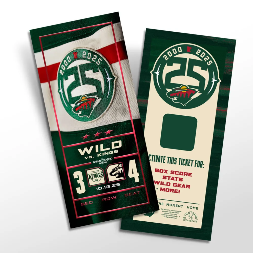 Front and back of a Minnesota Wild commemorative ticket with final score and activation area