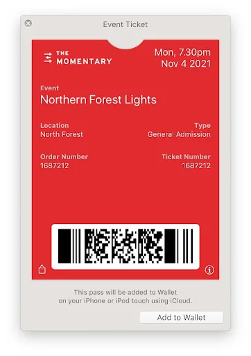 Red Momentary event ticket with event details and a barcode