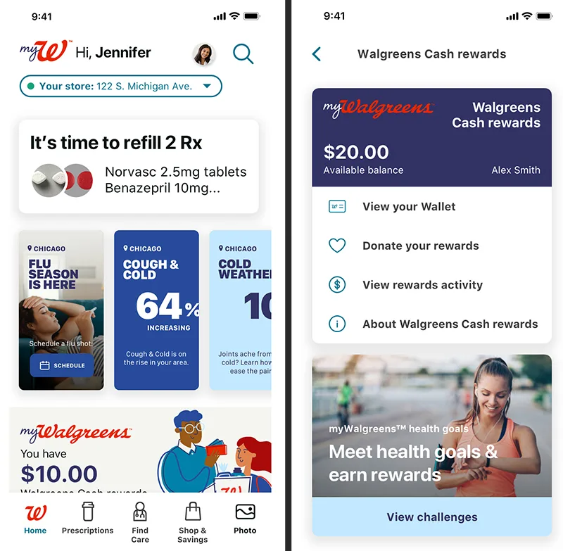 myWalgreens app showing a Walgreens Cash rewards balance and activity options