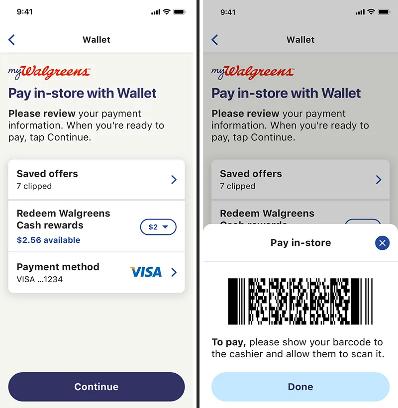 myWalgreens wallet combining saved offers, rewards, payment, and one checkout barcode