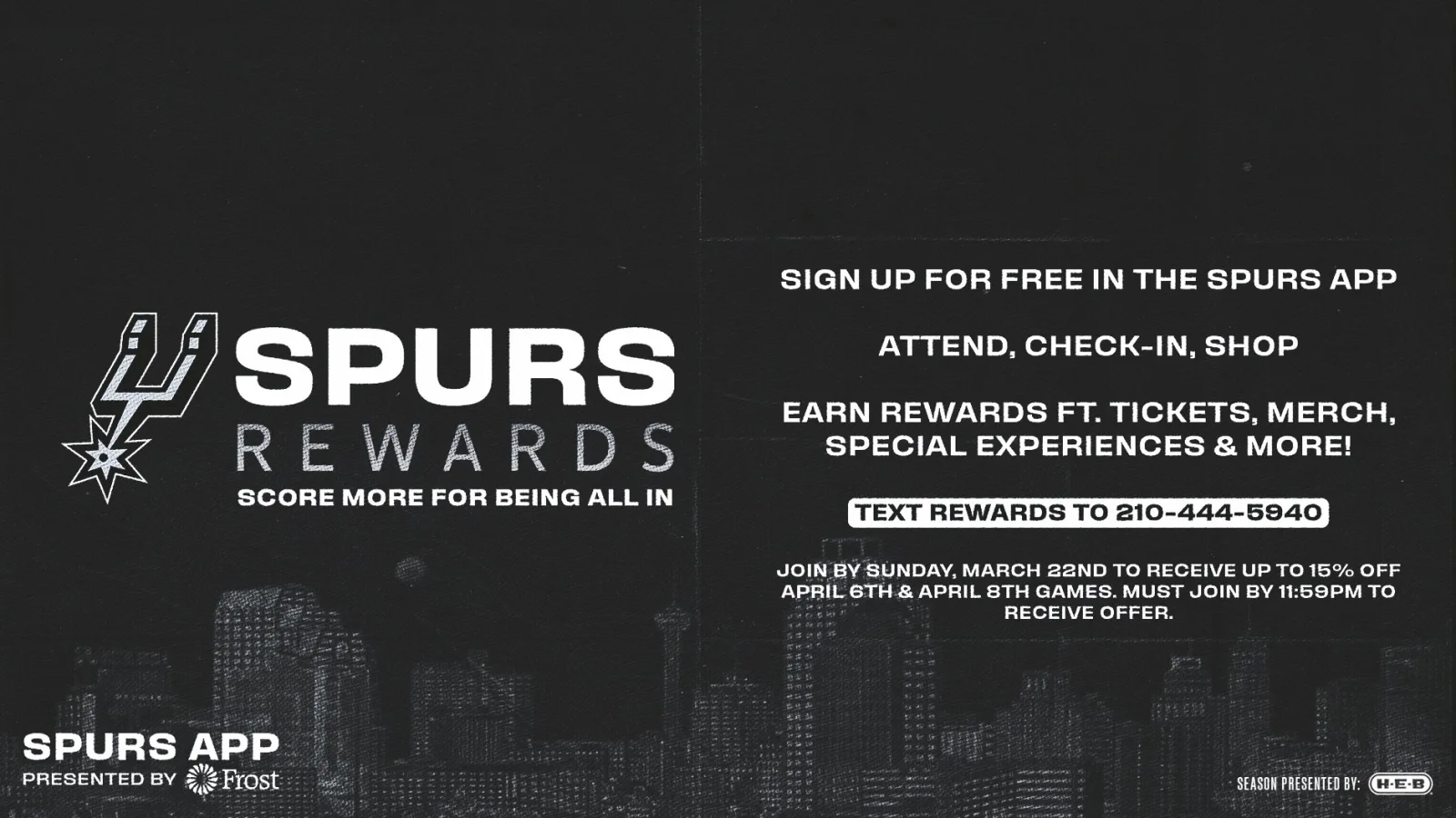 Spurs Rewards graphic listing attendance, check-ins, shopping, tickets, merchandise, and experiences