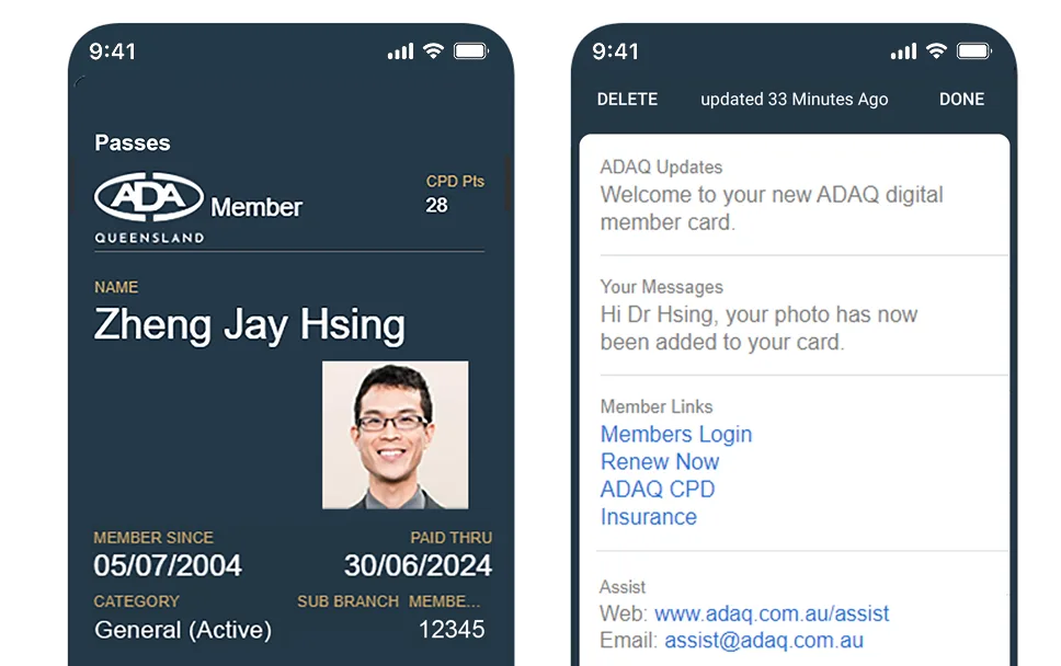 Australian Dental Association Queensland digital member card in Apple Wallet with member type and expiry