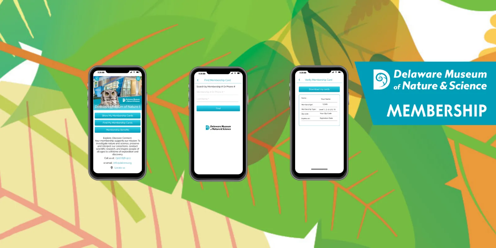 Delaware Museum of Nature and Science app screens for finding, downloading, and verifying a digital membership card
