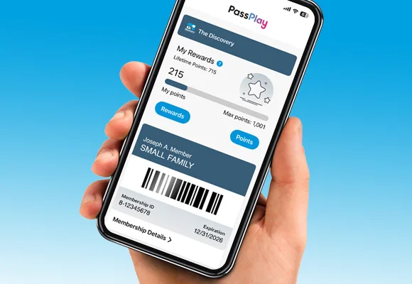 The Discovery digital membership card showing points, rewards, membership details, and a barcode