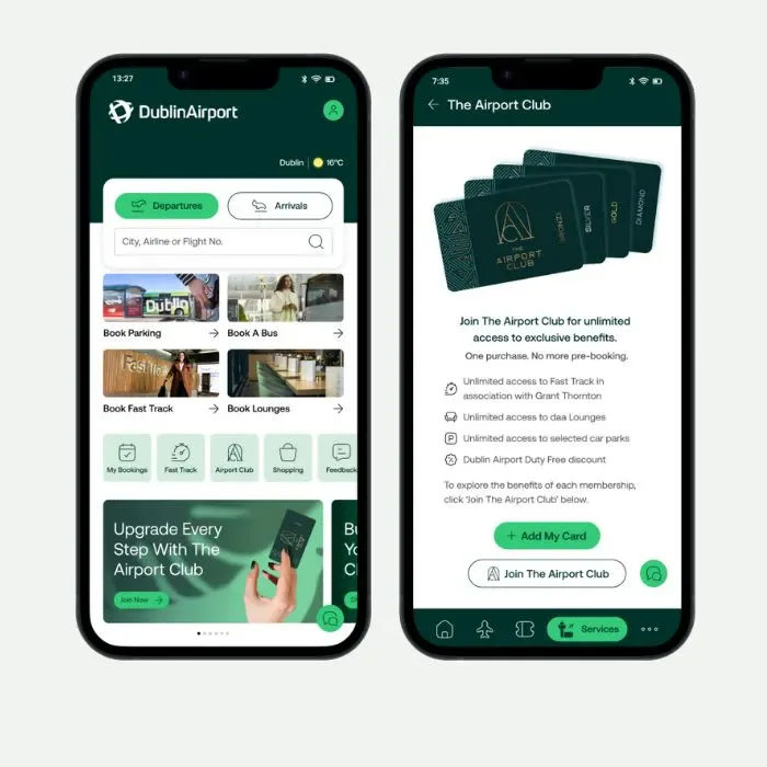 Dublin Airport app screens showing Airport Club membership and an Add My Card action