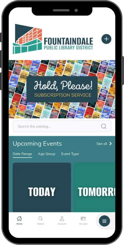 Fountaindale Public Library app home screen with a persistent My card tab in the bottom navigation