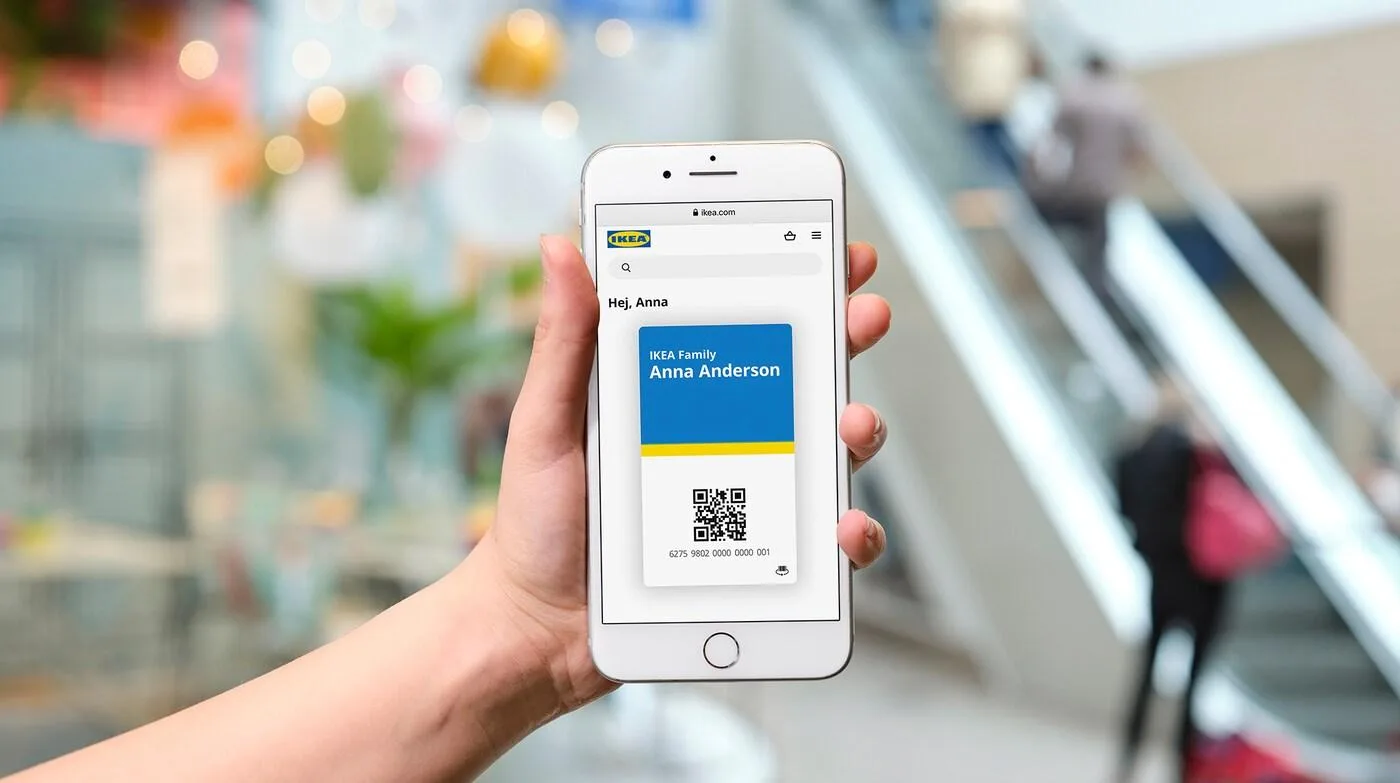 IKEA Family digital card displayed on a phone with member name and QR code
