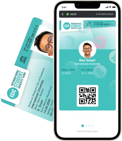ISIC physical and digital student identity cards showing portrait, school, validity, and QR code