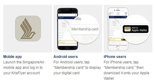 Singapore Airlines instructions showing KrisFlyer membership card access on Android and Apple Wallet