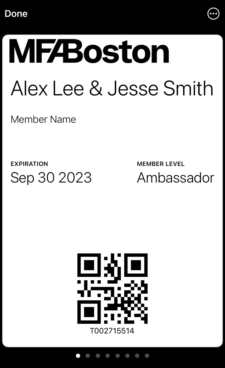 MFA Boston digital membership card in Apple Wallet showing member names, level, expiration date, and QR code