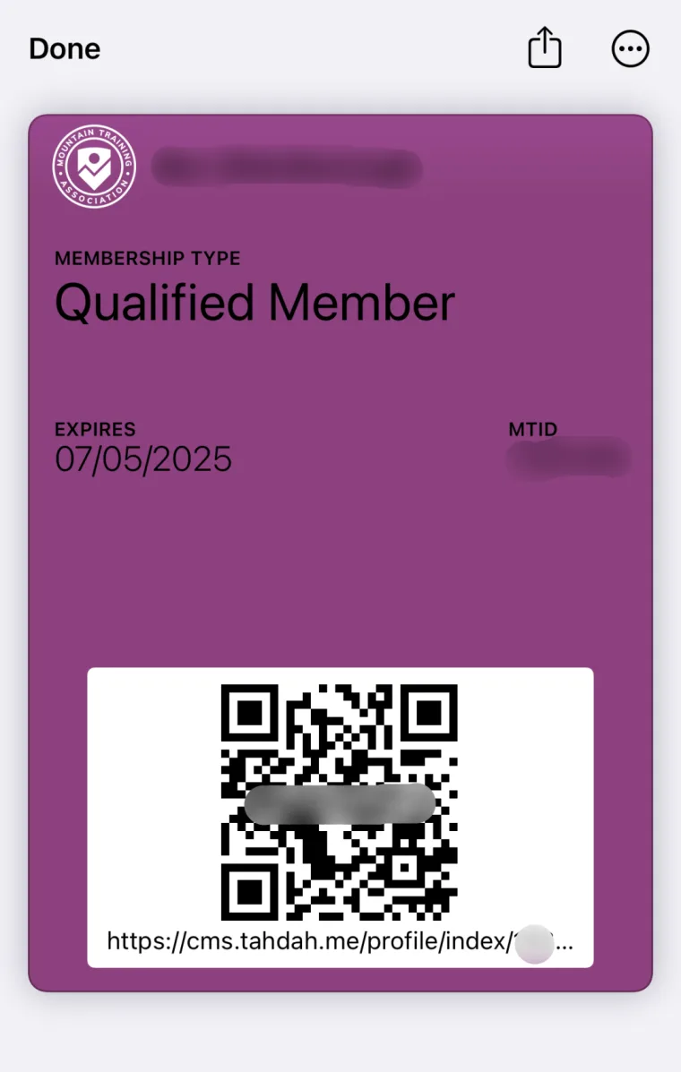 Mountain Training Association digital membership card in Apple Wallet showing membership type, expiry, and QR code
