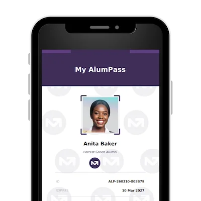 MyAlumPass digital alumni credential with member portrait, institution, ID, and expiry date