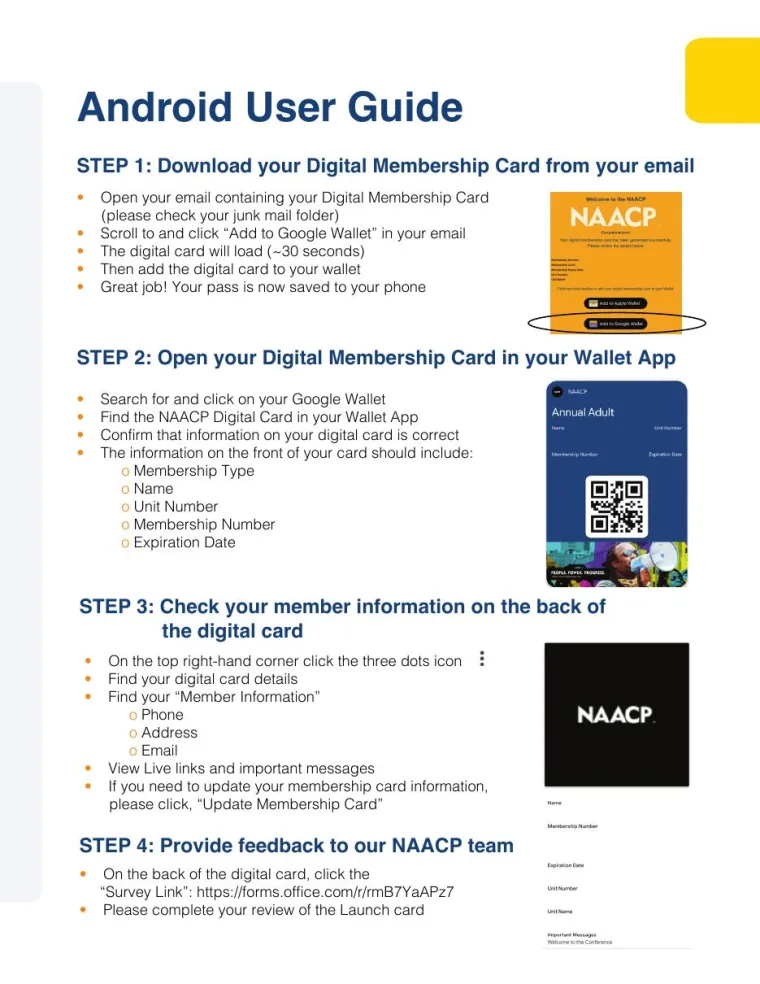 NAACP Android guide showing the front and back of its digital membership card, including QR code and membership fields