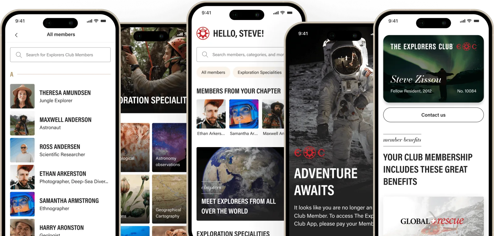 The Explorers Club app showing member search, exploration specialties, chapters, and a digital membership card
