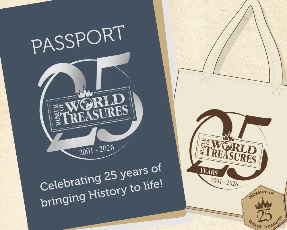 Museum of World Treasures anniversary passport, tote bag, and completion pin