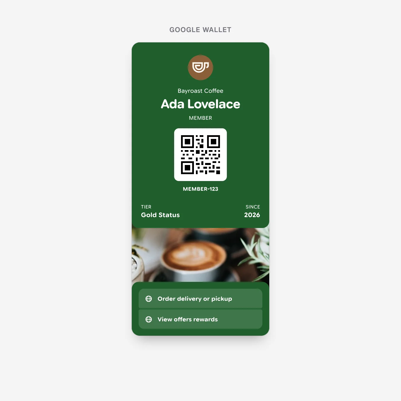 The same coffee pass on Google Wallet, with the two actions as tappable rows under the image band