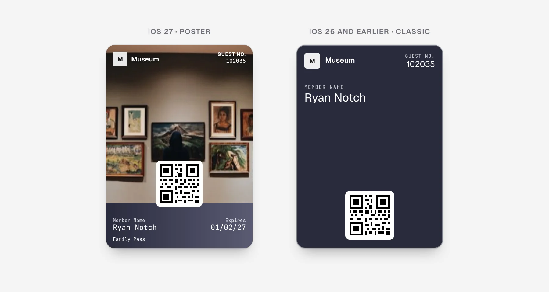 The museum pass as iOS 27 draws the poster, next to the classic generic layout iOS 26 shows from the same pass