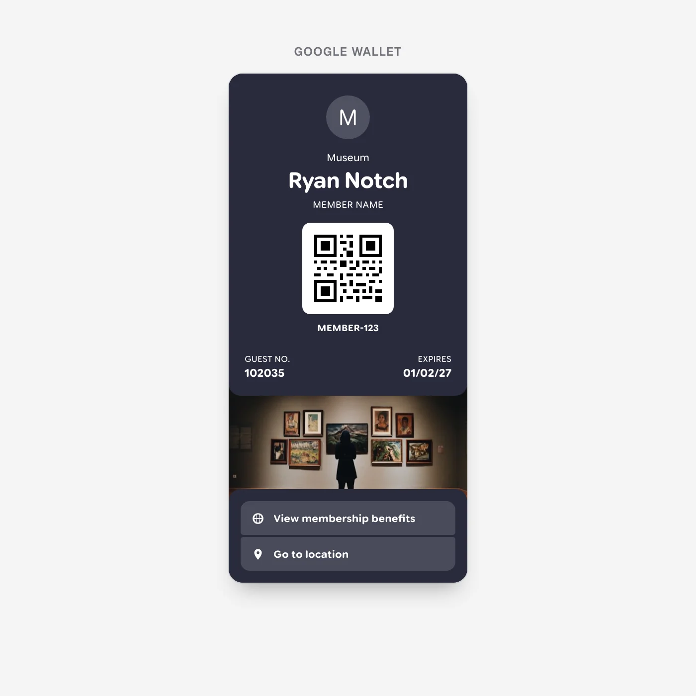 The museum pass on Google Wallet, with the poster artwork as the image band under the fields