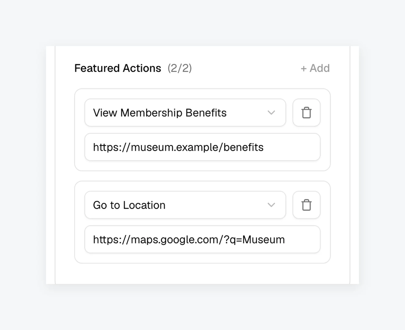 The Featured Actions section of the pass editor with two rows: View Membership Benefits with a link, and Go to Location with a Google Maps link