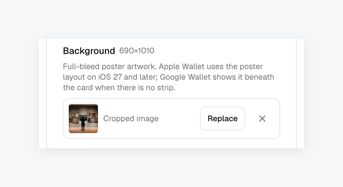 The Background slot in the pass editor’s Style tab, showing the 690 by 1010 size, a short description, and a cropped museum photo with Replace and remove controls